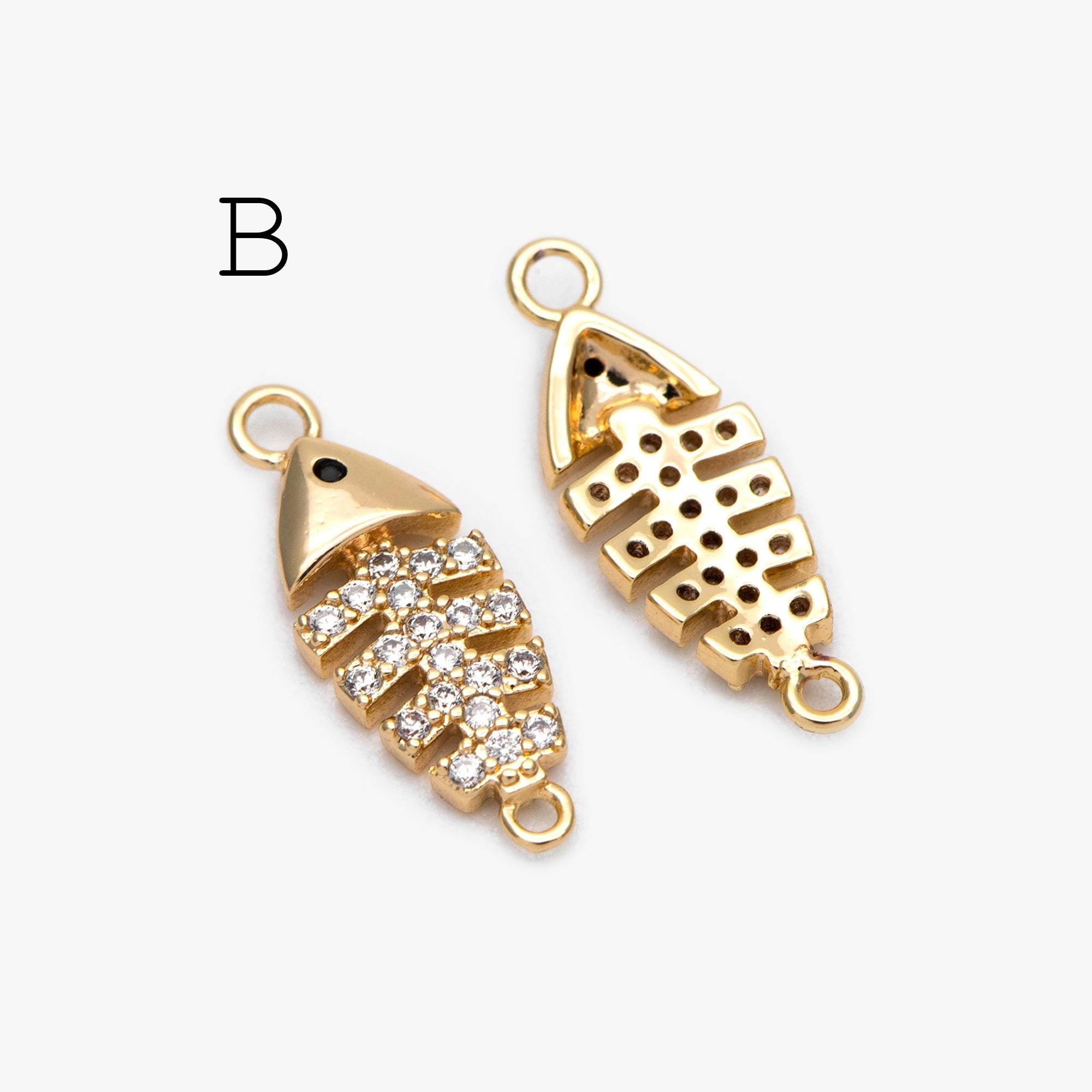 4pcs Gold/ Silver Tone Fishbone Charm, Gold/ Rhodium Plated Brass Fishbone Pendant, Skeleton Pendant (GB-2936)
